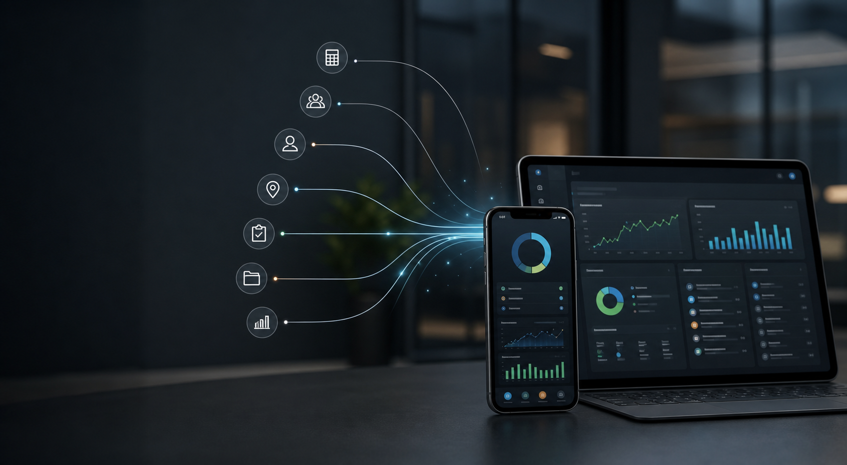 Phone and desktop dashboards showing unified business information